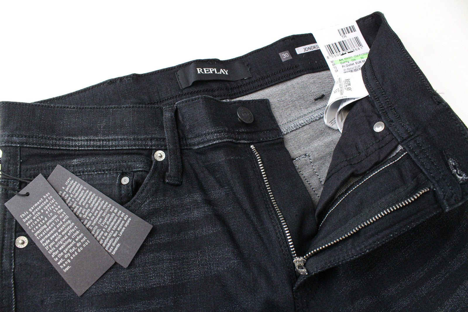 REPLAY Jondrill Men's Jeans W30/L34 Black Coated Skinny Tapered Stretch Low Fit