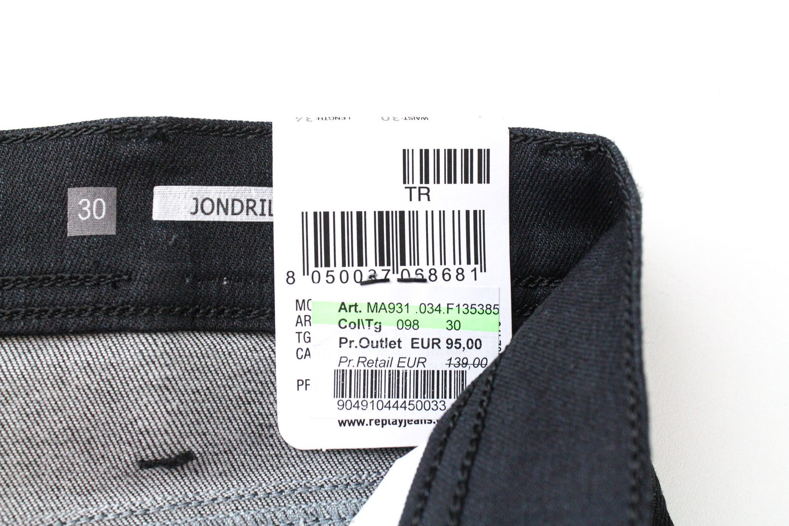 REPLAY Jondrill Men's Jeans W30/L34 Black Coated Skinny Tapered Stretch Low Fit