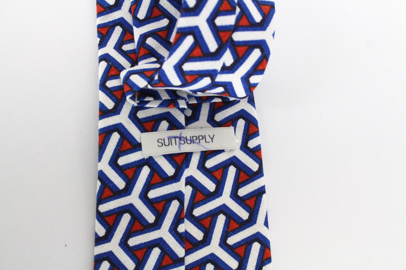 SUITSUPPLY Men's Tie 148 x 8 cm Blue Graphic Print Linen Cotton Pointed-End