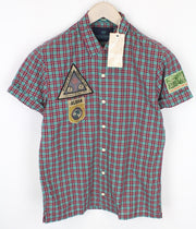 SCOTCH & SODA Men's Shirt S Short Sleeve Purple Plaid Patched Cotton Linen