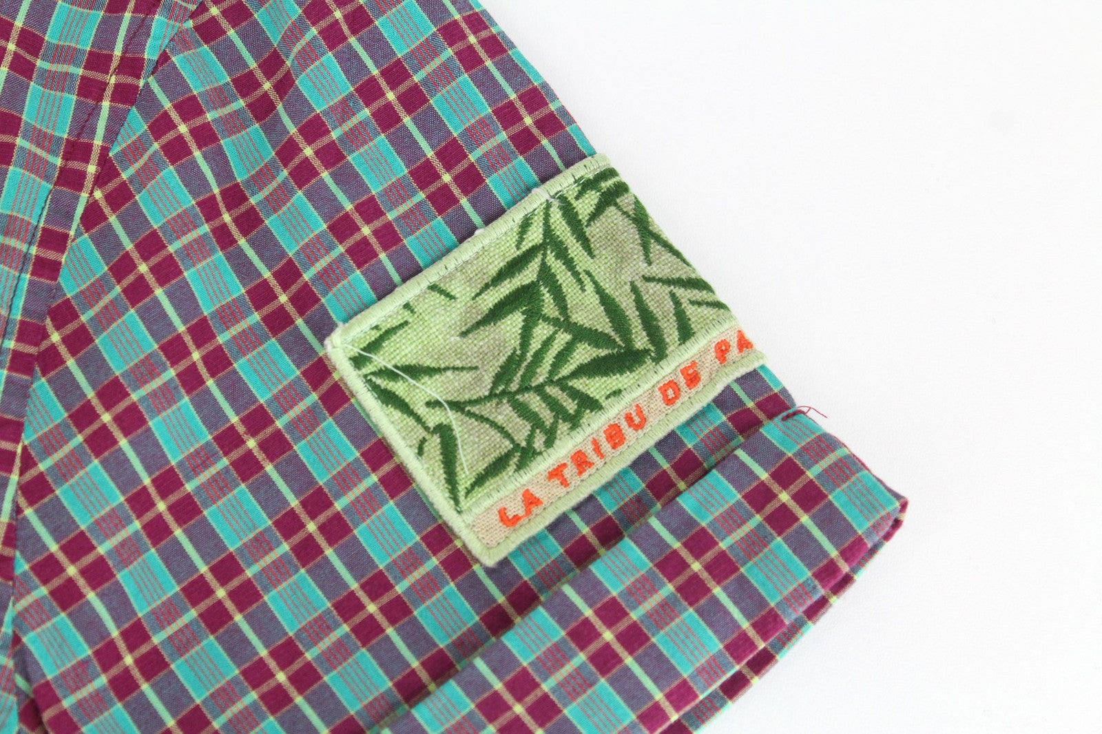 SCOTCH & SODA Men's Shirt S Short Sleeve Purple Plaid Patched Cotton Linen