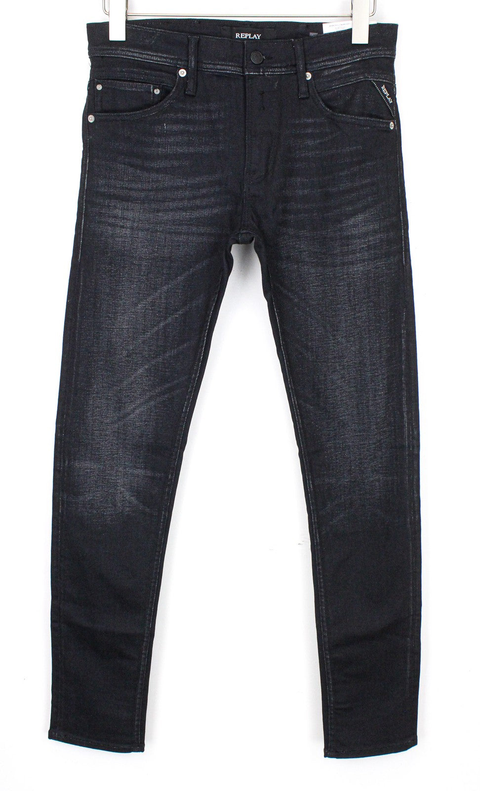 REPLAY Jondrill Men's Jeans W30/L32 Black Coated Stretch Blue Skinny Zipped Fit