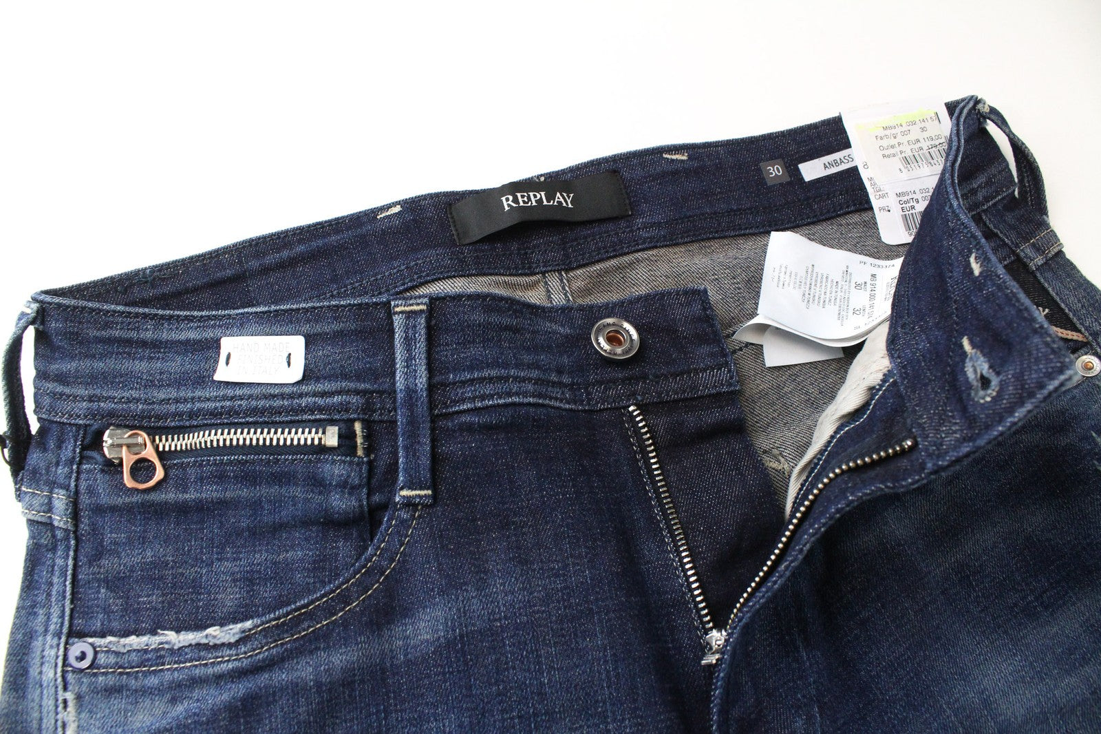 REPLAY Anbass Men's Jeans W30/L32 Deep Blue Slim Fit Distressed High Stretch