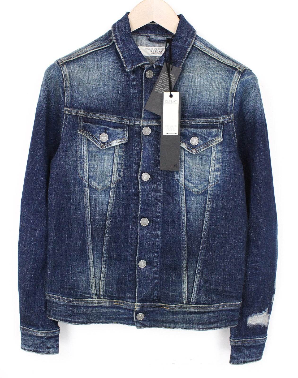 REPLAY Men's Jacket S Blue Stretch Denim Washed Distressed Lightweight Cotton