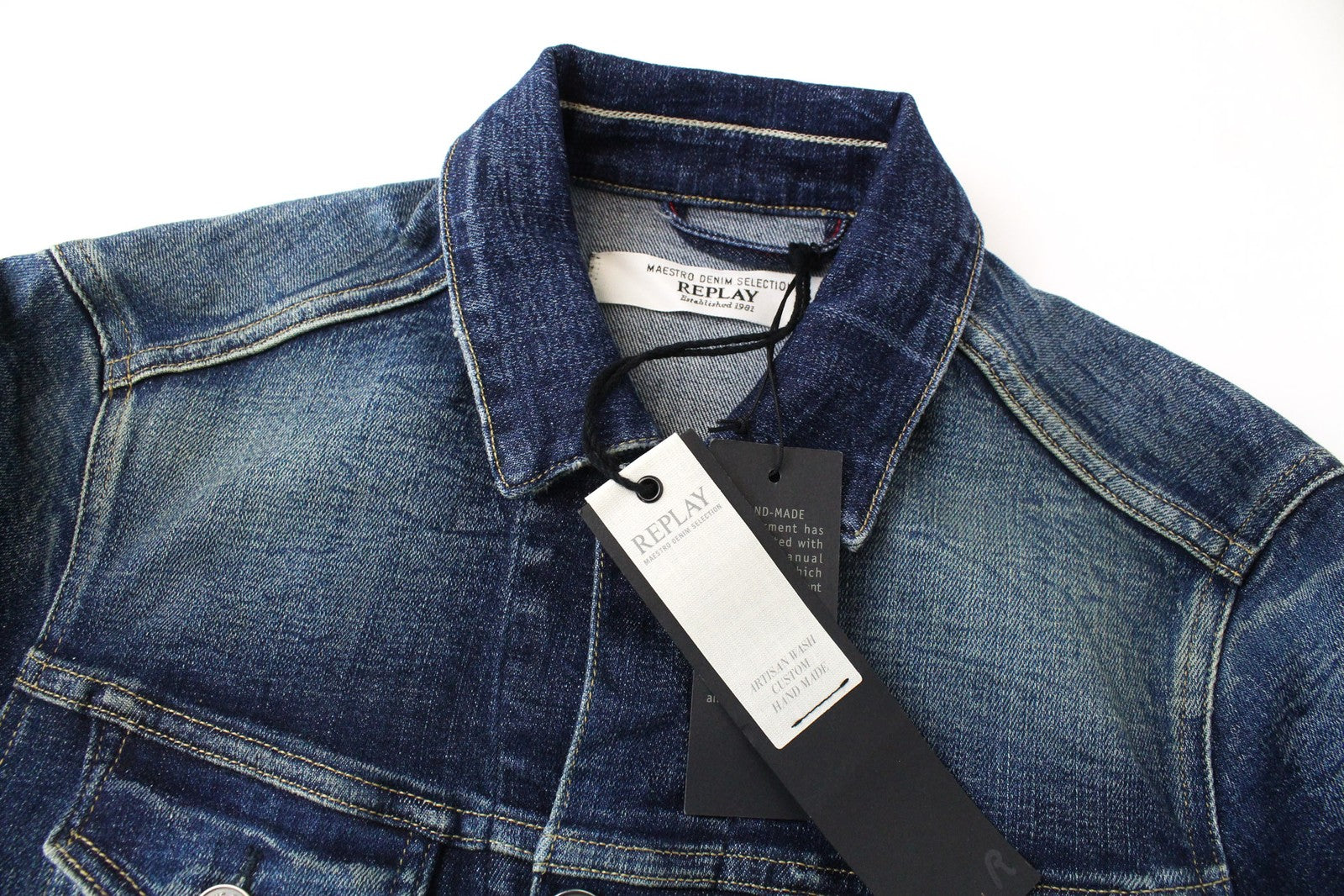 REPLAY Men's Jacket S Blue Stretch Denim Washed Distressed Lightweight Cotton