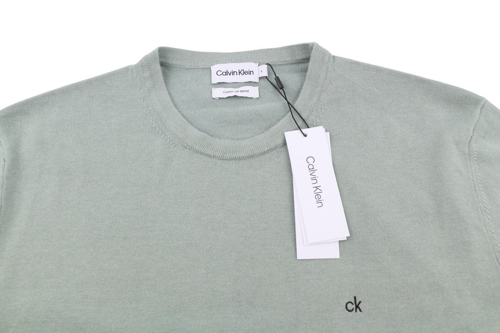 CALVIN KLEIN Cotton Silk Blend Cn Men Jumper L Light Green Crew Knit Pullover