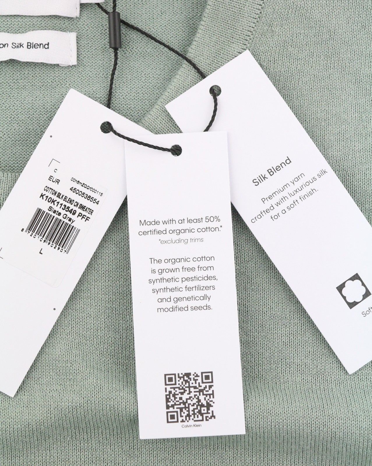 CALVIN KLEIN Cotton Silk Blend Cn Men Jumper L Light Green Crew Knit Pullover