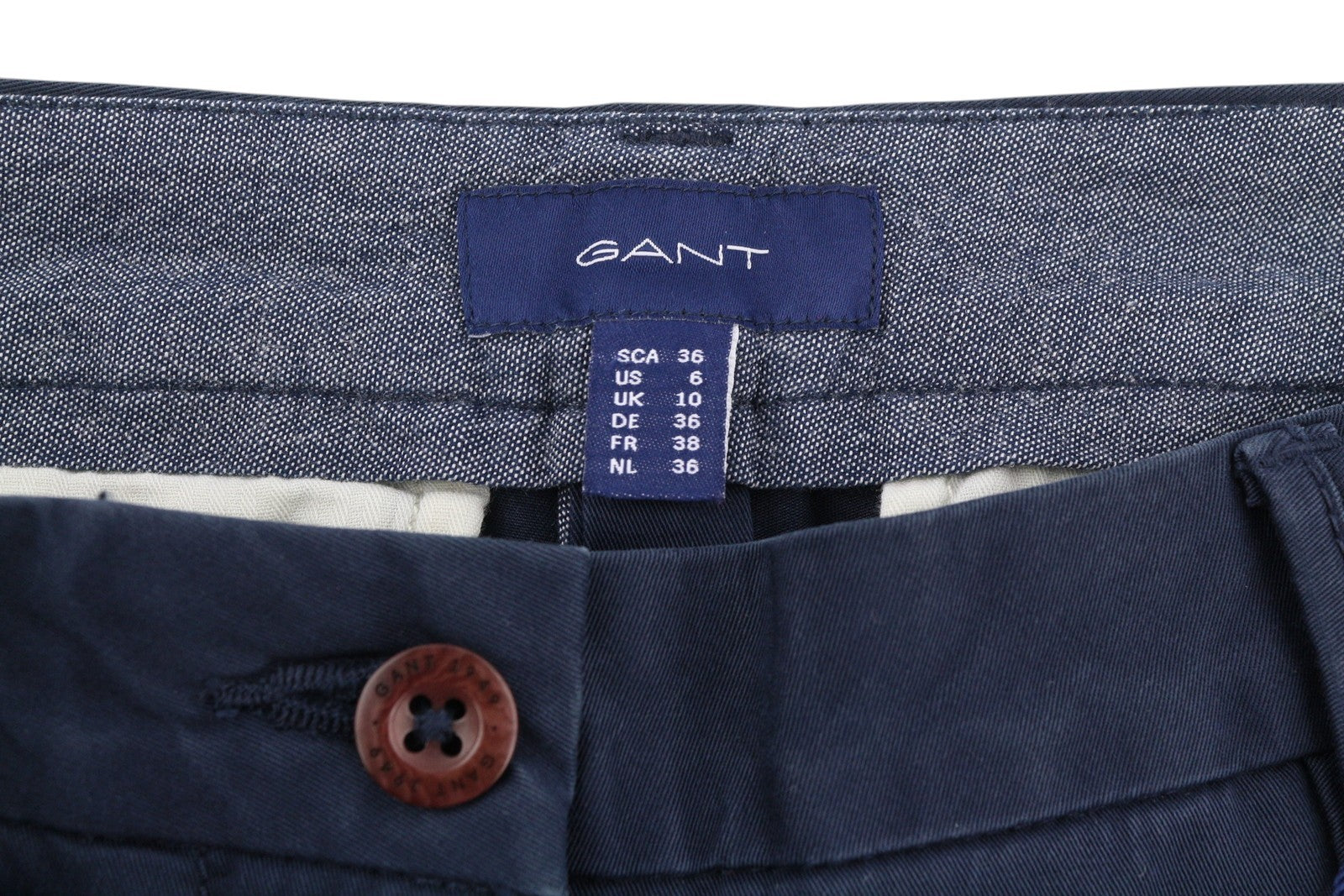 GANT Classic Cropped Chino Women Trousers EU36 Dark Blue Slim Fit Zip Fly Logo