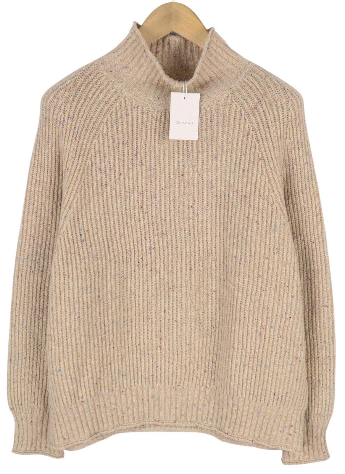 GANT Neps Turtleneck Women Jumper XL Beige Melange Wool Blend Tight-Knit Logo