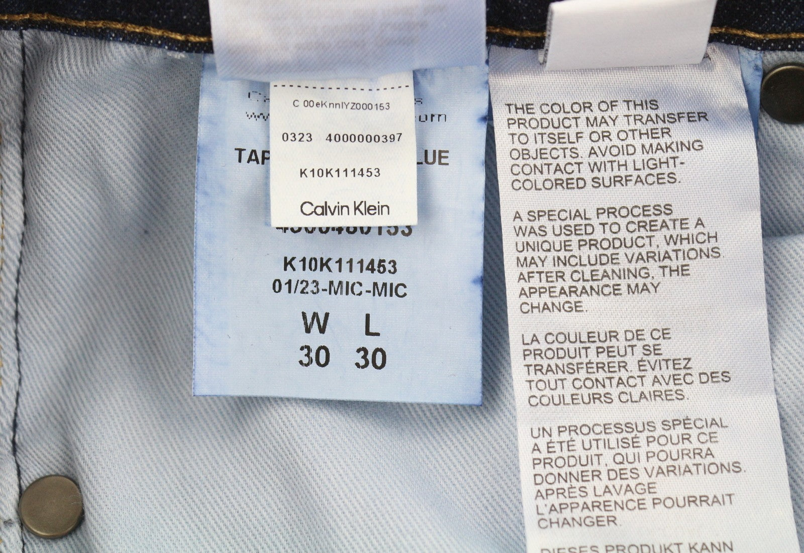 CALVIN KLEIN Tapered Rinse Blue Men Jeans W30/L30 Dark Blue Zip Fly Logo Denim