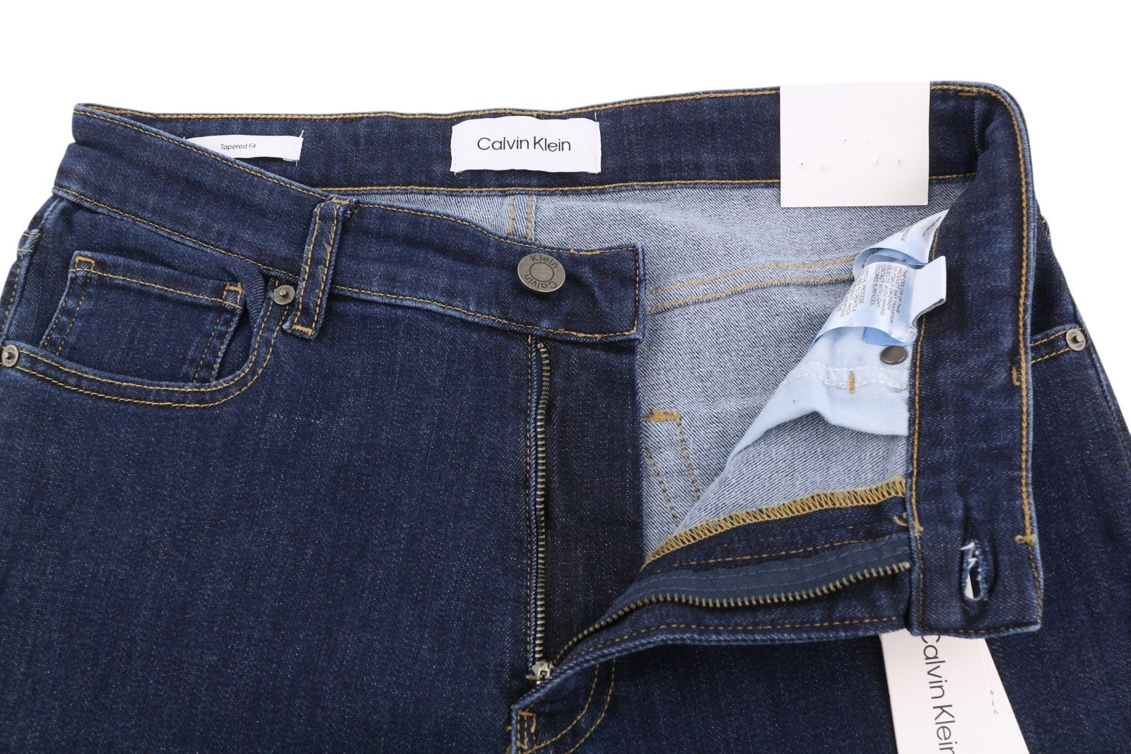 CALVIN KLEIN Tapered Rinse Blue Men Jeans W30/L30 Dark Blue Zip Fly Logo Denim