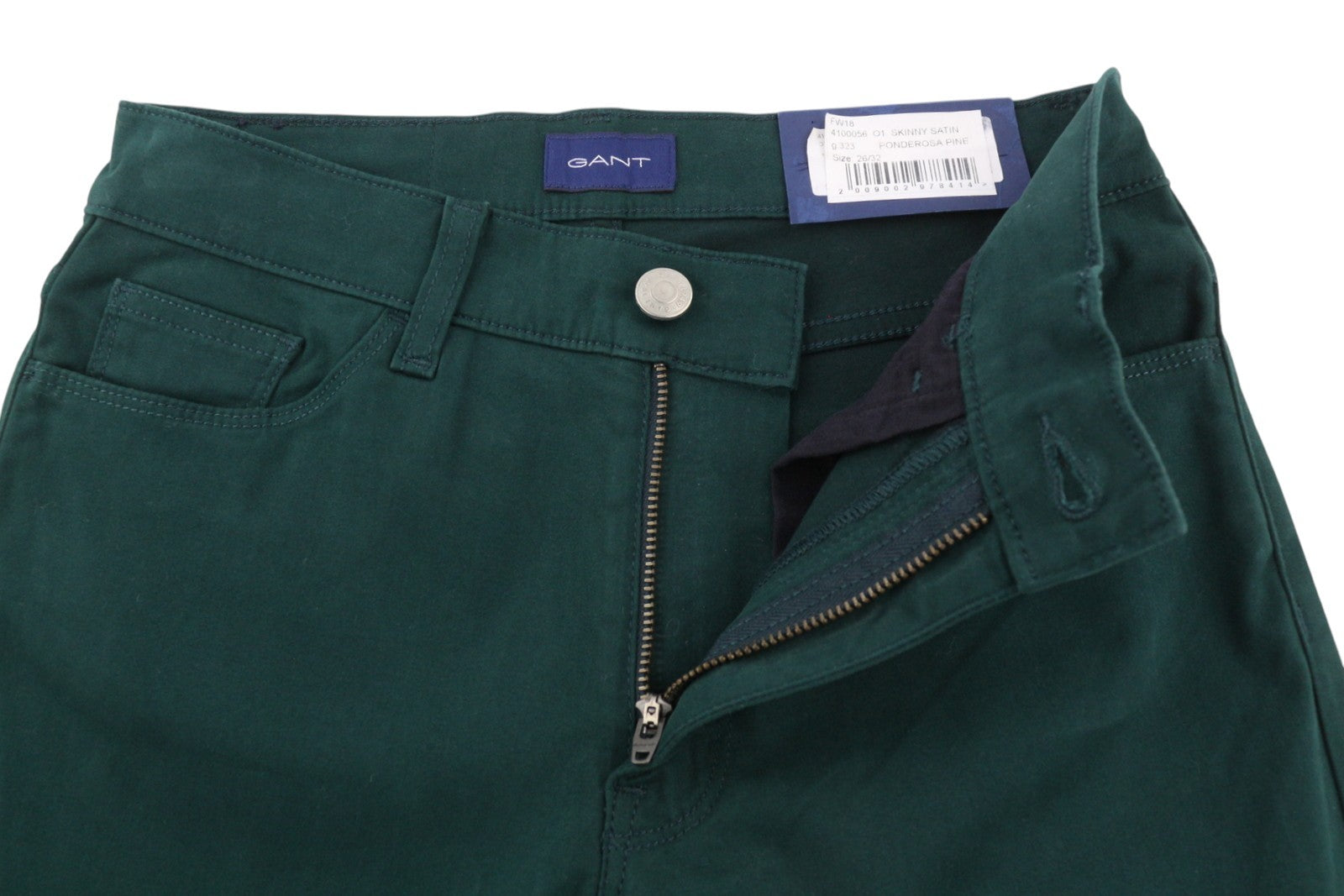 GANT Skinny Satin Women Trousers W26/L32 Dark Green Pockets Zip Fly Logo Casual