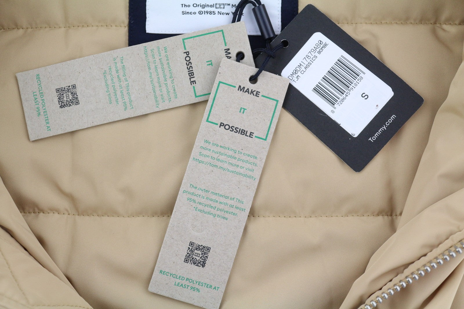 TOMMY HILFIGER Tjm Classics Bomber Men Jacket S Beige Padded Full Zip RRP€209