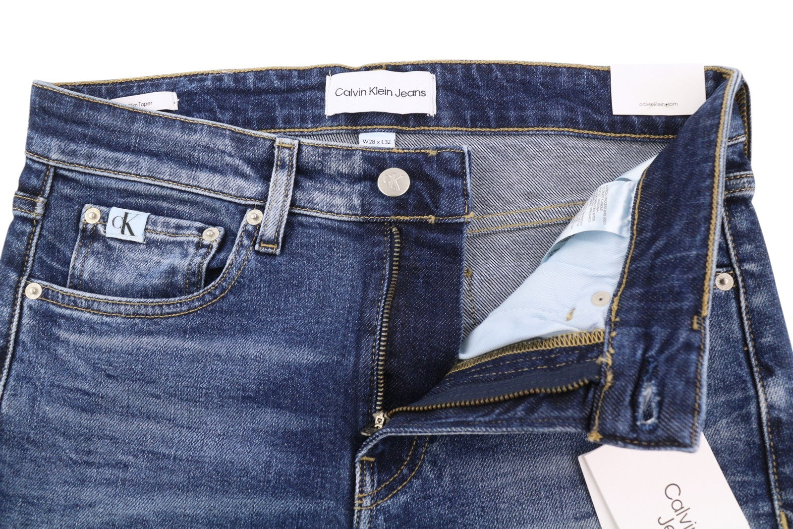 CALVIN KLEIN Slim Taper Men Jeans W28/L32 Blue Washed Faded Ripped Distress