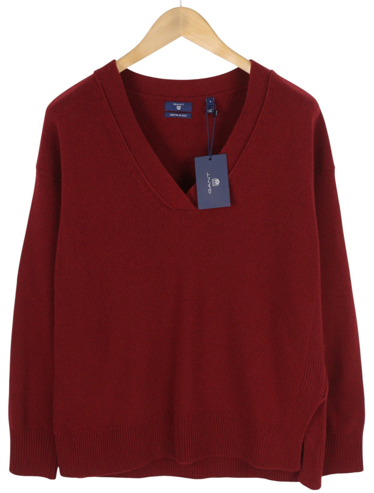 GANT Lambswool Cashmere V-Neck Women Jumper S Burgundy Tight-Knit Dark Pullover
