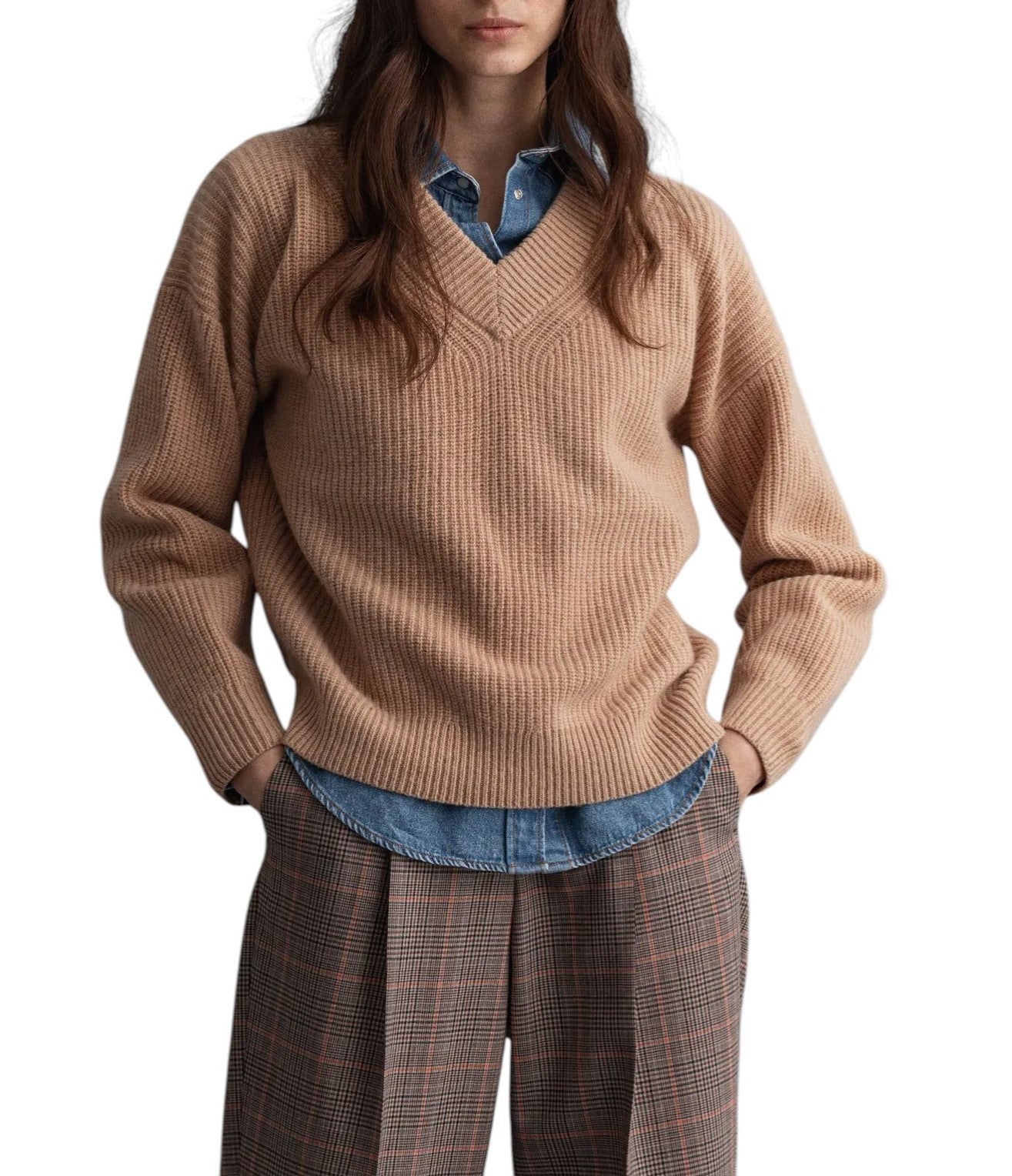 GANT Wool Rib V-Neck Women Jumper L Beige Knitted Oversized Loose Fit Pullover