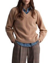 GANT Wool Rib V-Neck Women Jumper L Beige Knitted Oversized Loose Fit Pullover