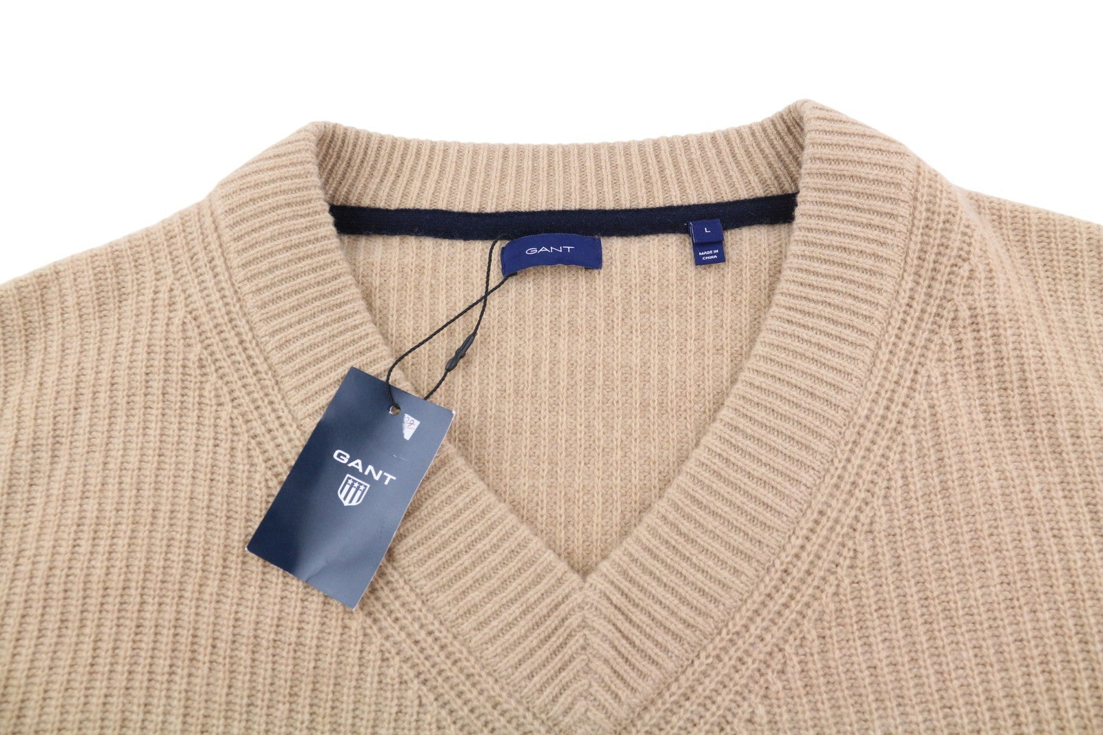 GANT Wool Rib V-Neck Women Jumper L Beige Knitted Oversized Loose Fit Pullover