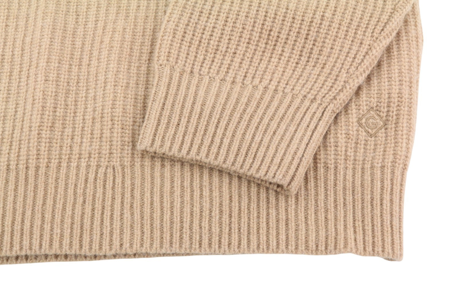 GANT Wool Rib V-Neck Women Jumper L Beige Knitted Oversized Loose Fit Pullover