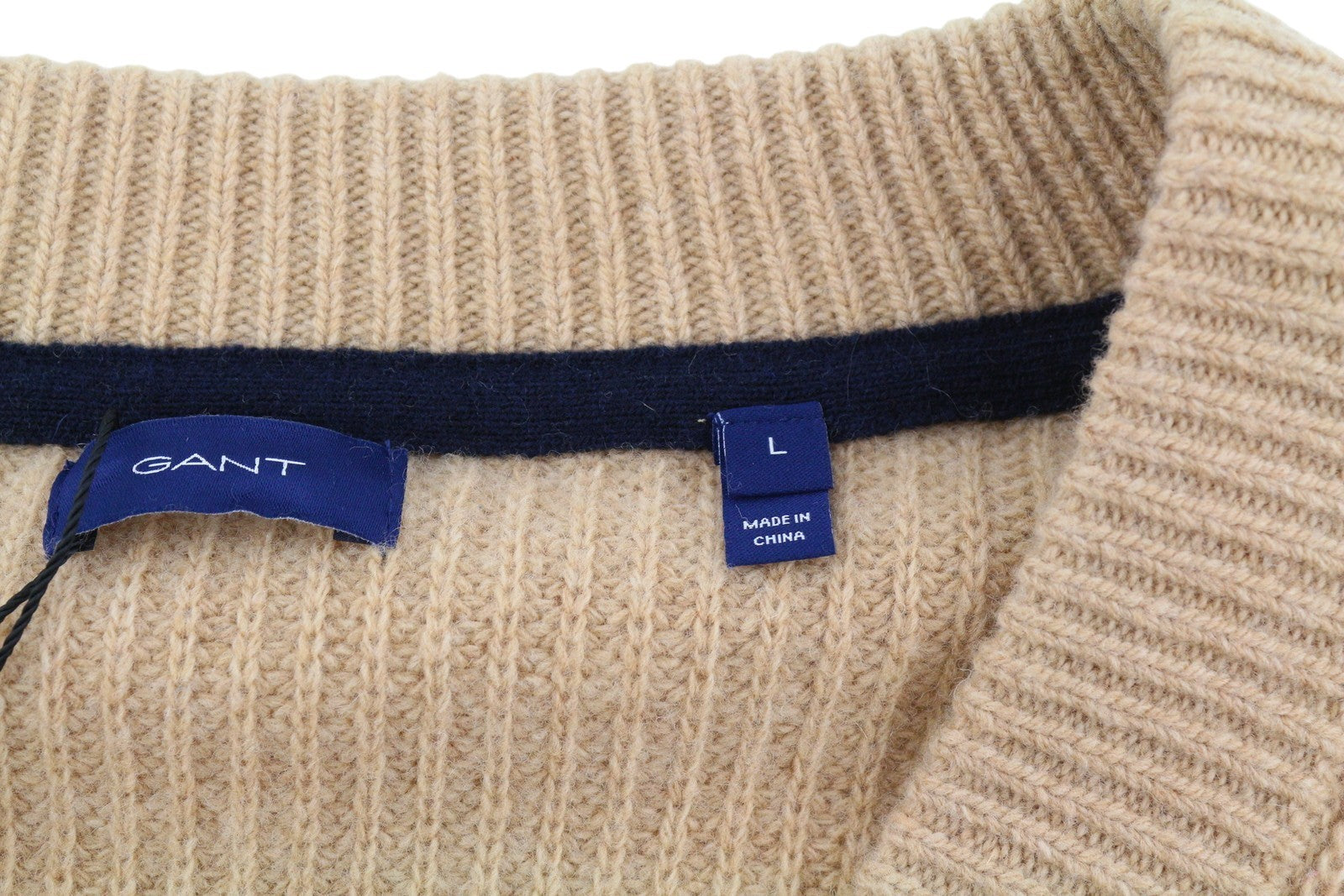 GANT Wool Rib V-Neck Women Jumper L Beige Knitted Oversized Loose Fit Pullover