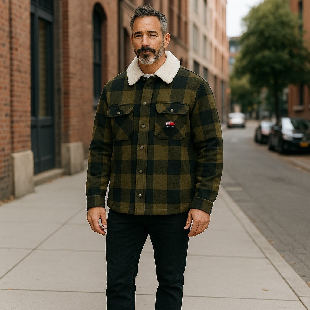 TOMMY HILFIGER Tjm Check Sherpa Men Jacket S Khaki Green Overshirt Logo RRP€170