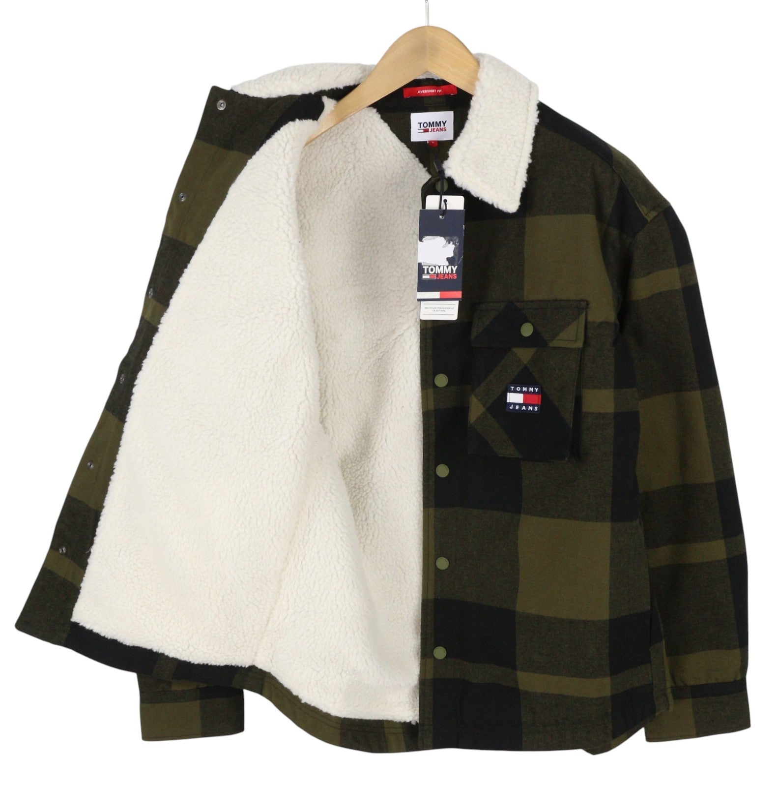 TOMMY HILFIGER Tjm Check Sherpa Men Jacket S Khaki Green Overshirt Logo RRP€170
