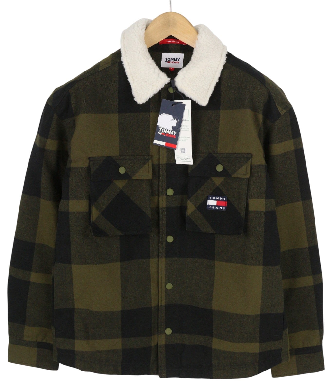 TOMMY HILFIGER Tjm Check Sherpa Men Jacket S Khaki Green Overshirt Logo RRP€170