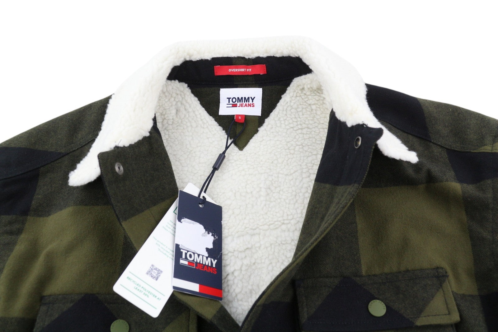 TOMMY HILFIGER Tjm Check Sherpa Men Jacket S Khaki Green Overshirt Logo RRP€170
