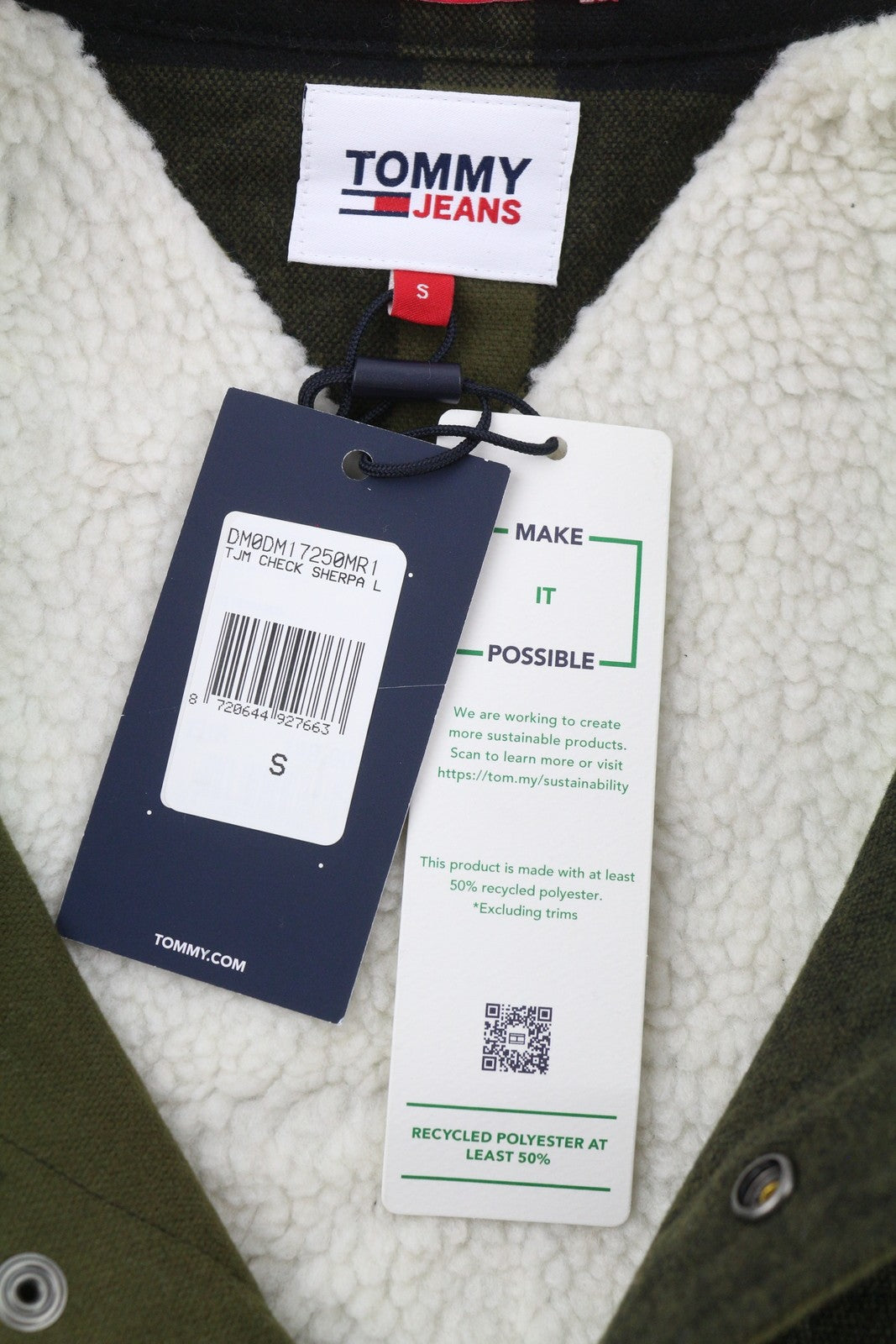 TOMMY HILFIGER Tjm Check Sherpa Men Jacket S Khaki Green Overshirt Logo RRP€170