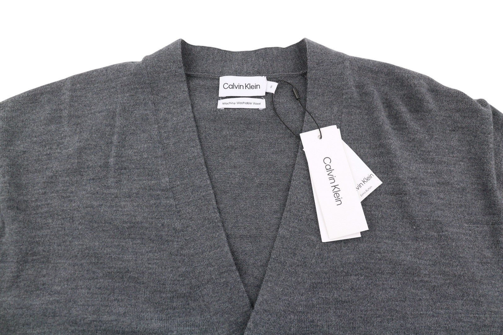 CALVIN KLEIN Merino Comfort Cardigan Men Jumper S Grey Melange Button-Up Knit