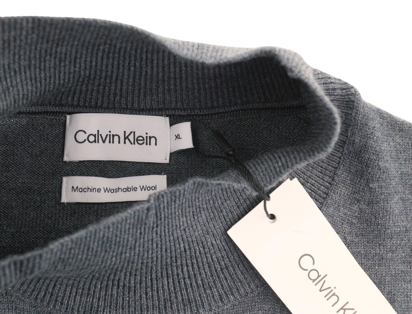 CALVIN KLEIN Merino Mock Neck Men Jumper XL Grey Wool Tight-Knit Logo Pullover