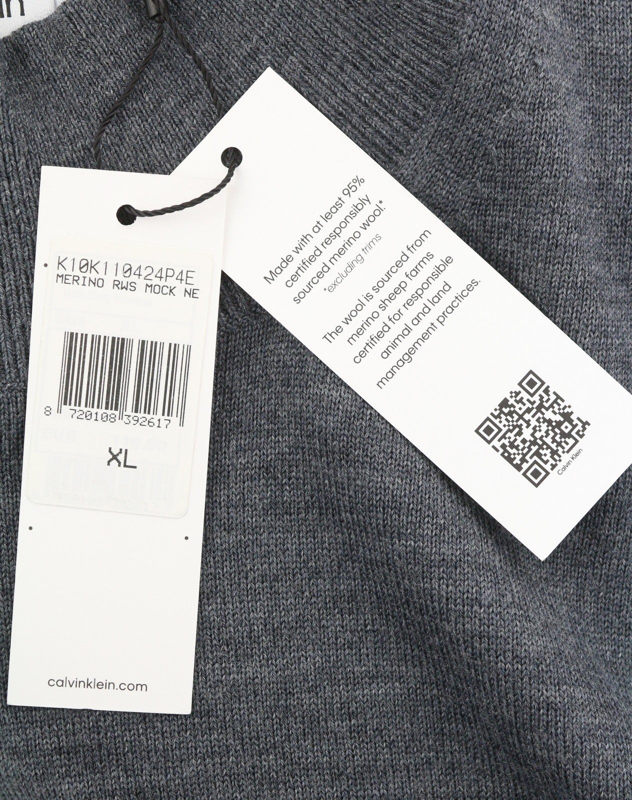 CALVIN KLEIN Merino Mock Neck Men Jumper XL Grey Wool Tight-Knit Logo Pullover