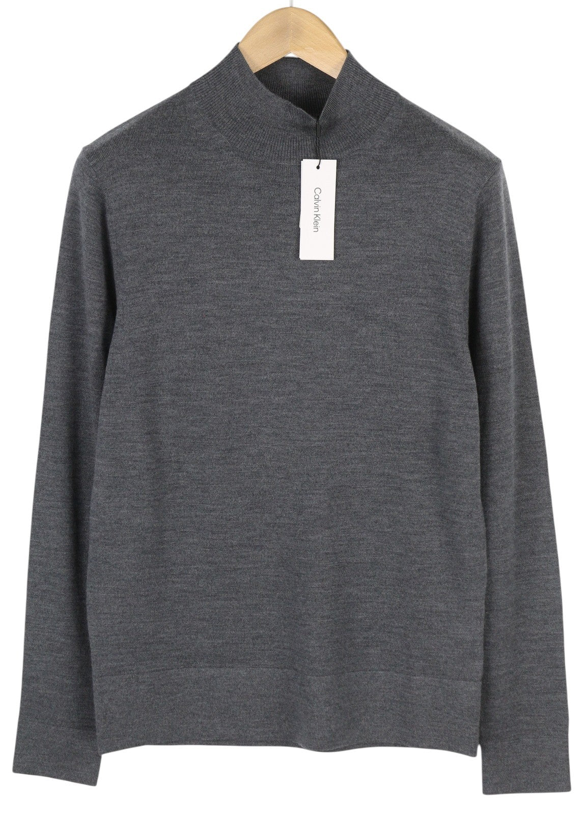 CALVIN KLEIN Merino Mock Neck Men Jumper XL Grey Wool Tight-Knit Logo Pullover