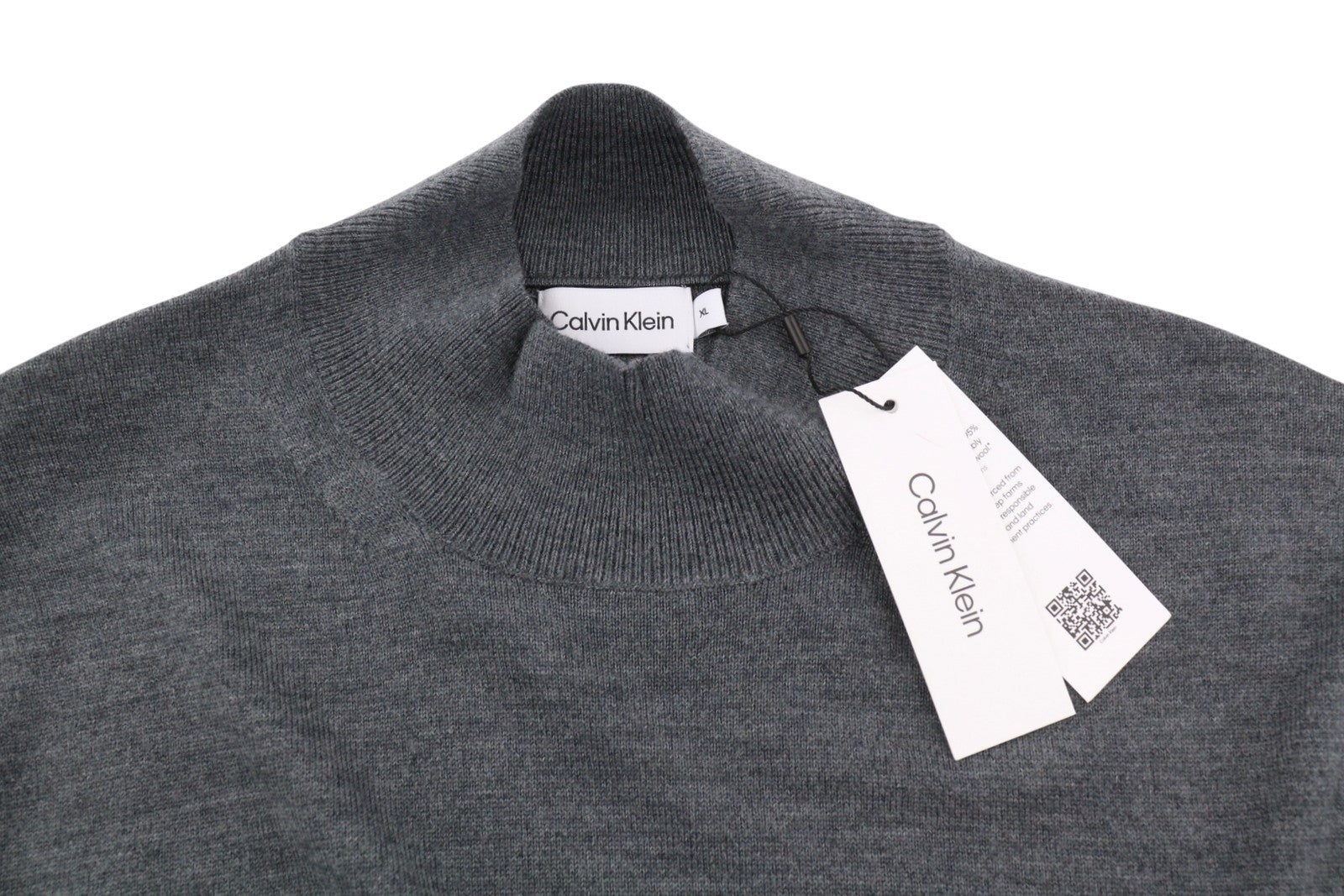 CALVIN KLEIN Merino Mock Neck Men Jumper XL Grey Wool Tight-Knit Logo Pullover