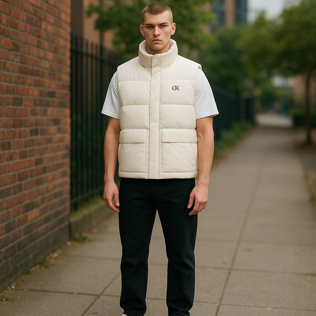 CALVIN KLEIN Men Waistcoat L White Water Repellent Padded Quilted Zip RRP€179