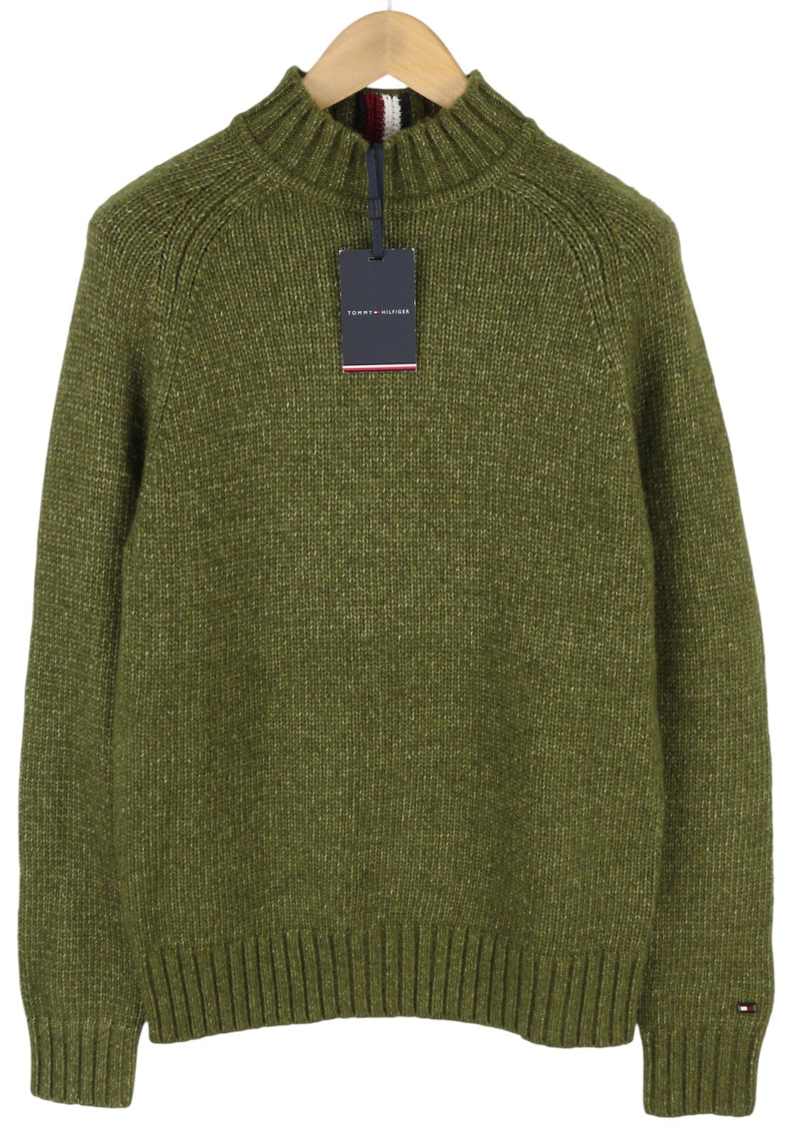 TOMMY HILFIGER Dc Mouline Mock Nk Men Jumper S Melange Green Wool Blend RRP€199