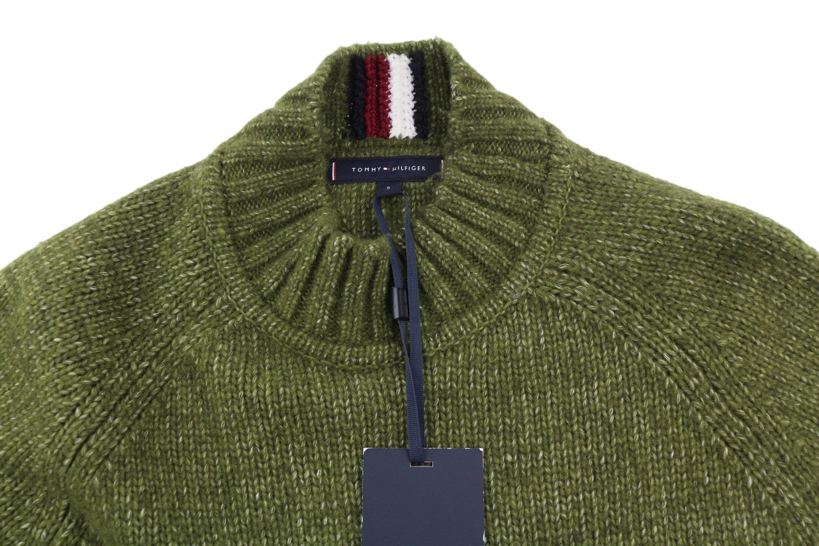 TOMMY HILFIGER Dc Mouline Mock Nk Men Jumper S Melange Green Wool Blend RRP€199