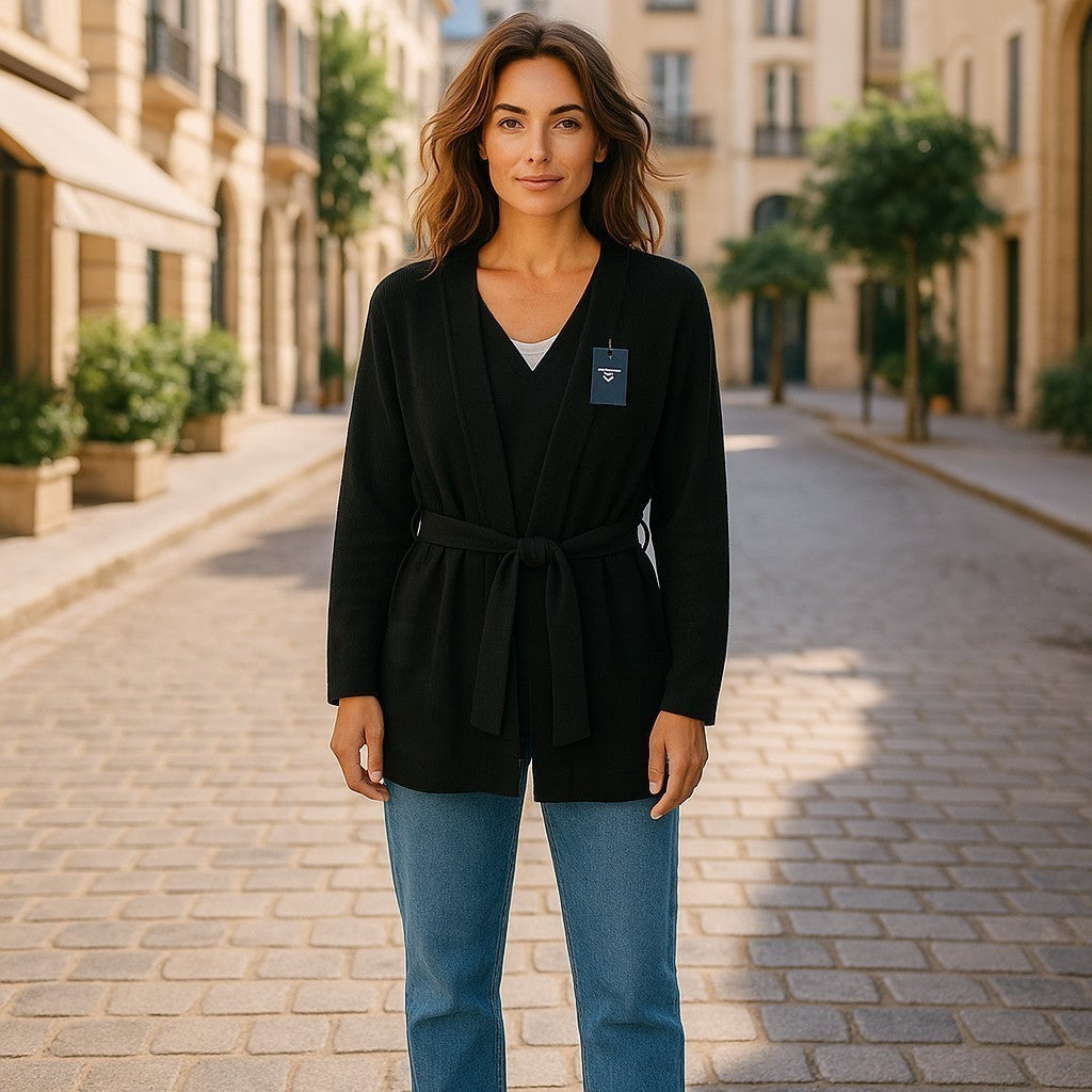 GANT Ribbed Lambswool Cardigan Women Jumper XS Black Knit Belted Long Sleeve