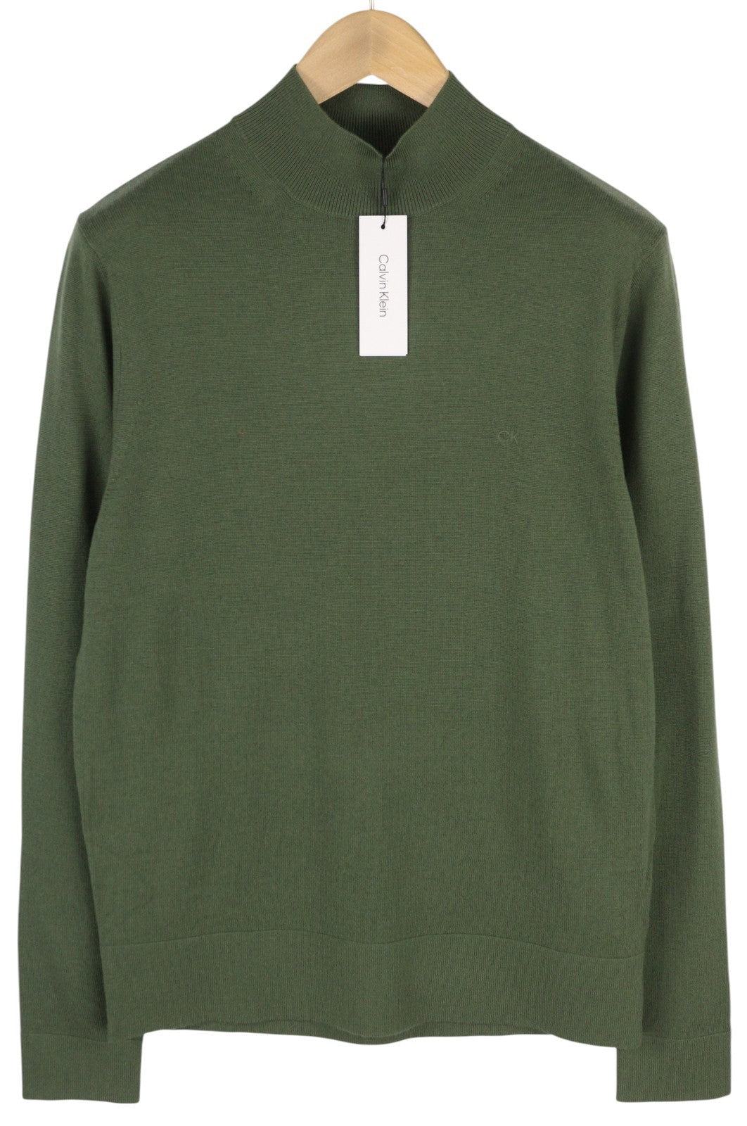 CALVIN KLEIN Merino Mock Neck Men Jumper M Green Wool Tight-Knit Logo Pullover