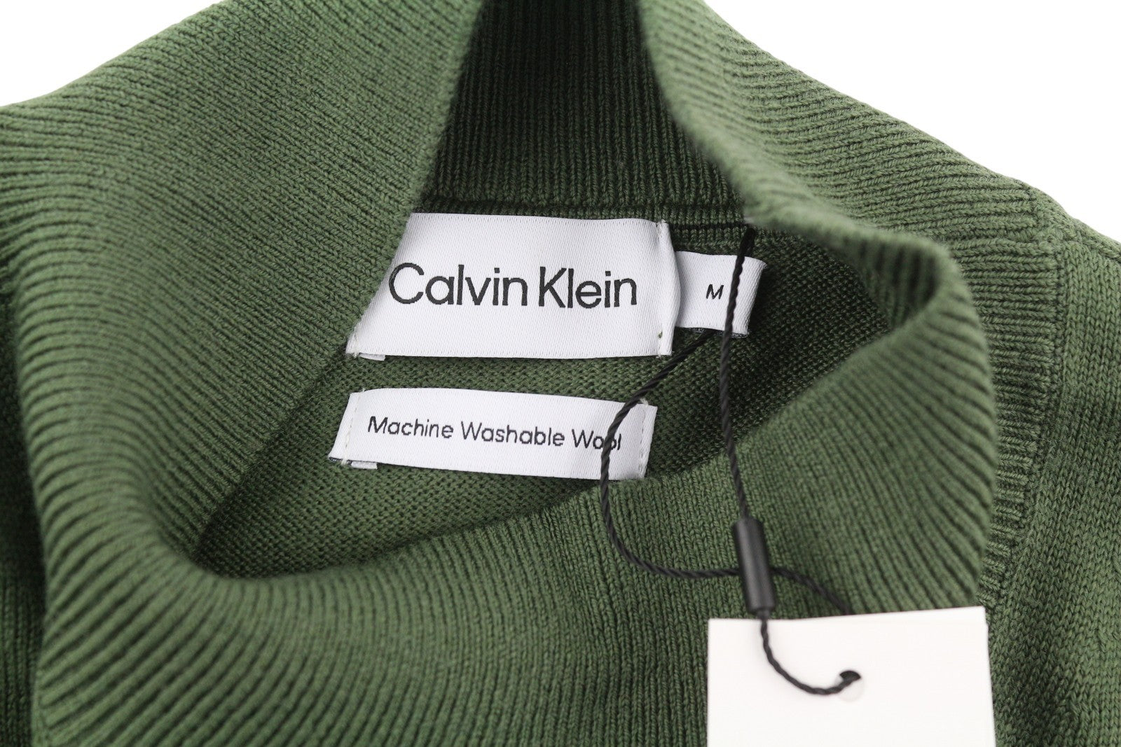 CALVIN KLEIN Merino Mock Neck Men Jumper M Green Wool Tight-Knit Logo Pullover