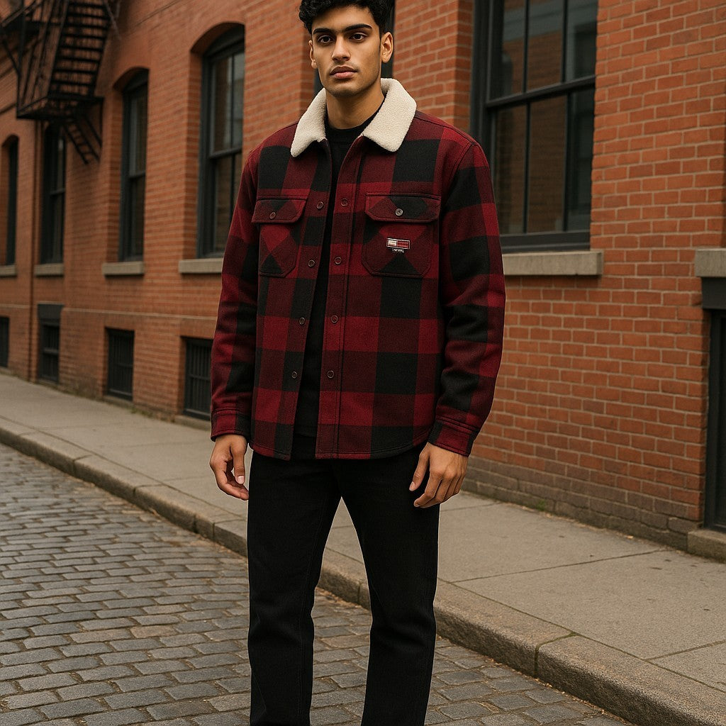 TOMMY HILFIGER Tjm Check Sherpa Men Jacket S Red Snap Buttons Overshirt RRP170