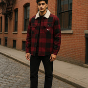 TOMMY HILFIGER Tjm Check Sherpa Men Jacket S Red Snap Buttons Overshirt RRP170