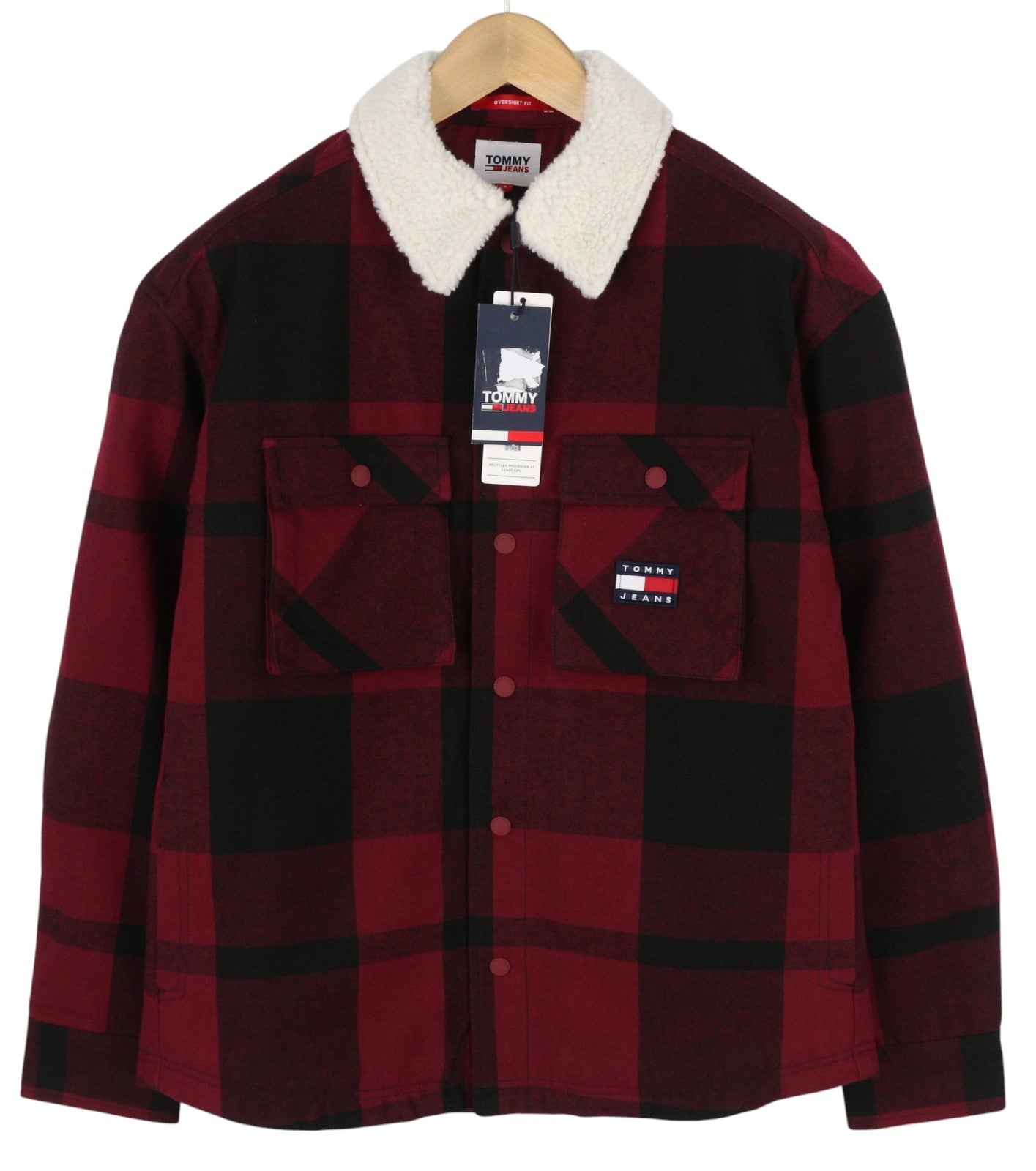 TOMMY HILFIGER Tjm Check Sherpa Men Jacket S Red Snap Buttons Overshirt RRP170