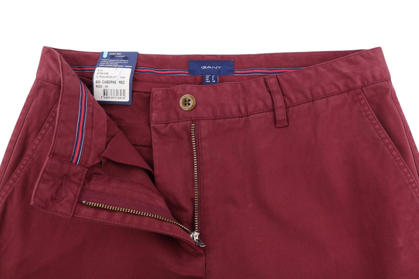 GANT Fryda Women Trousers EU36 Red Slim Fit Mid Rise Zip Fly Ankle Length Logo
