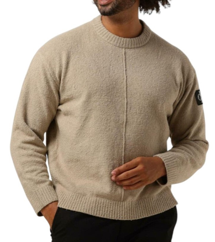 CALVIN KLEIN High Texture Men Jumper L Beige Patch Logo Casual Pullover RRP€139