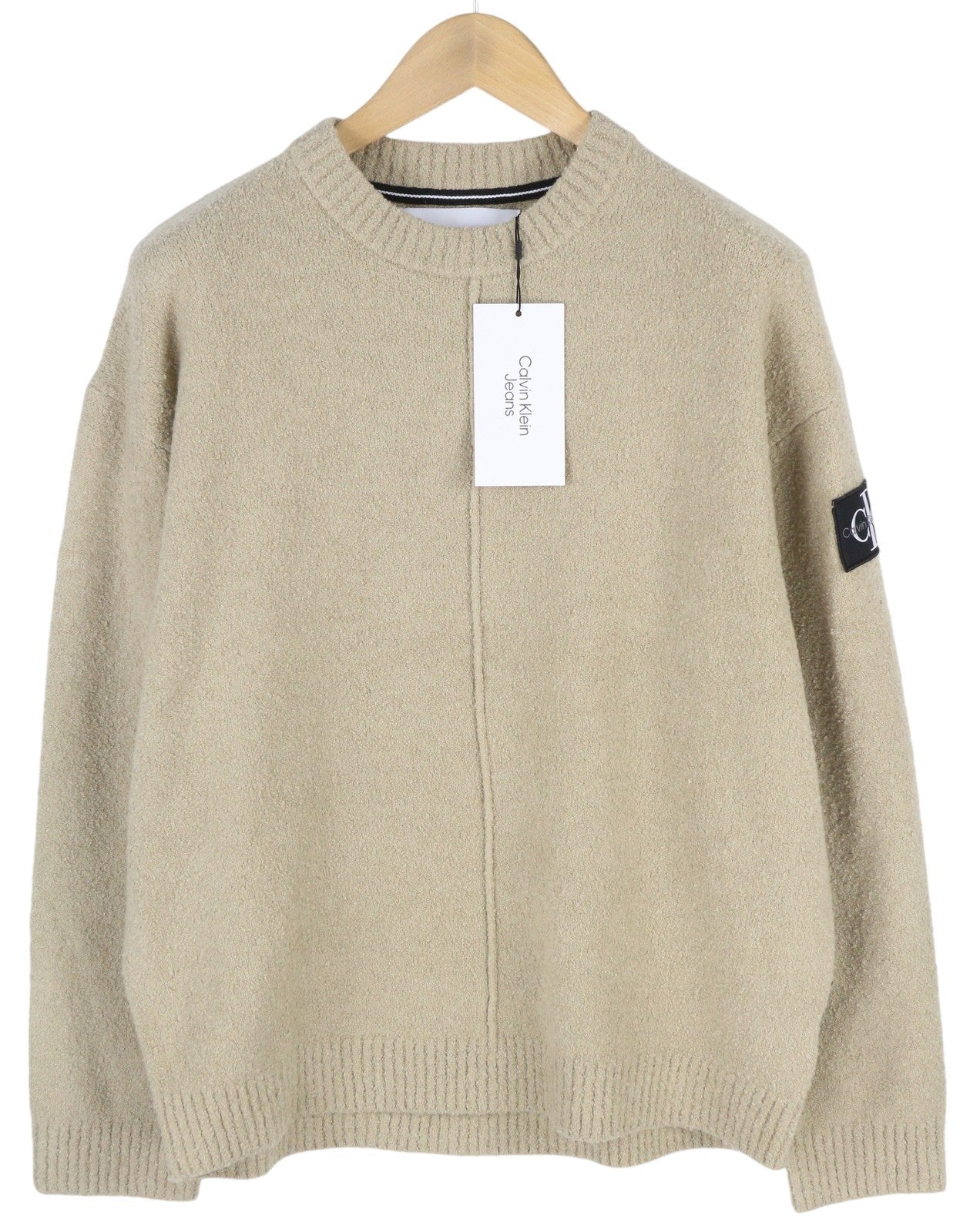 CALVIN KLEIN High Texture Men Jumper L Beige Patch Logo Casual Pullover RRP€139