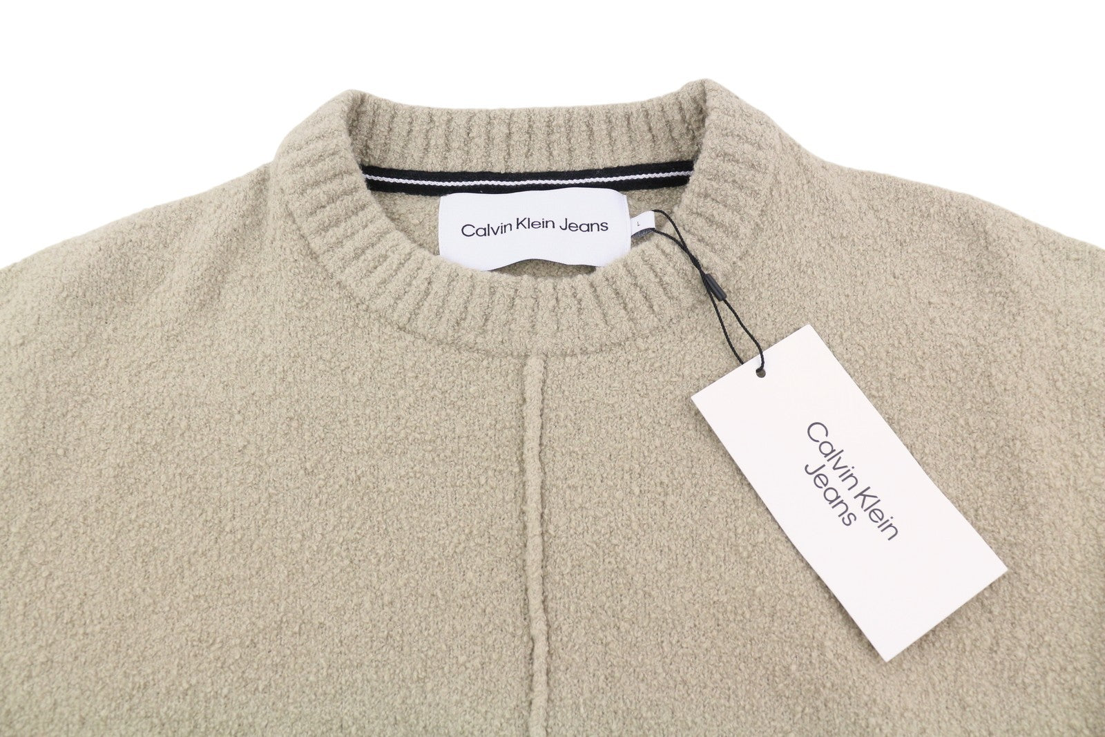 CALVIN KLEIN High Texture Men Jumper L Beige Patch Logo Casual Pullover RRP€139