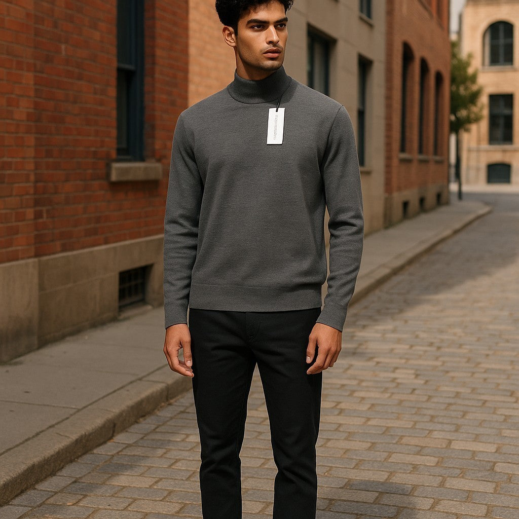 CALVIN KLEIN Merino Mock Neck Men Jumper M Grey Wool Tight-Knit Logo Pullover