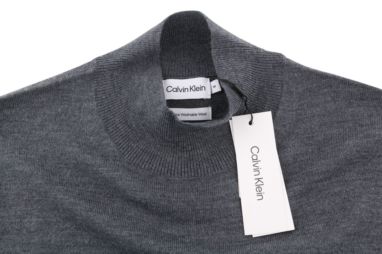 CALVIN KLEIN Merino Mock Neck Men Jumper M Grey Wool Tight-Knit Logo Pullover