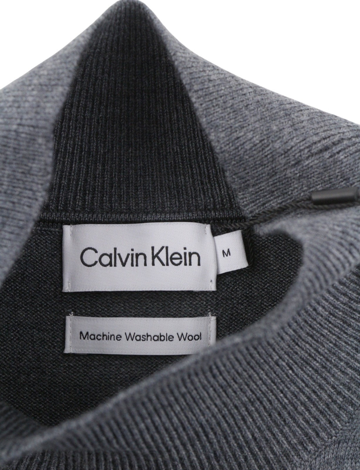 CALVIN KLEIN Merino Mock Neck Men Jumper M Grey Wool Tight-Knit Logo Pullover